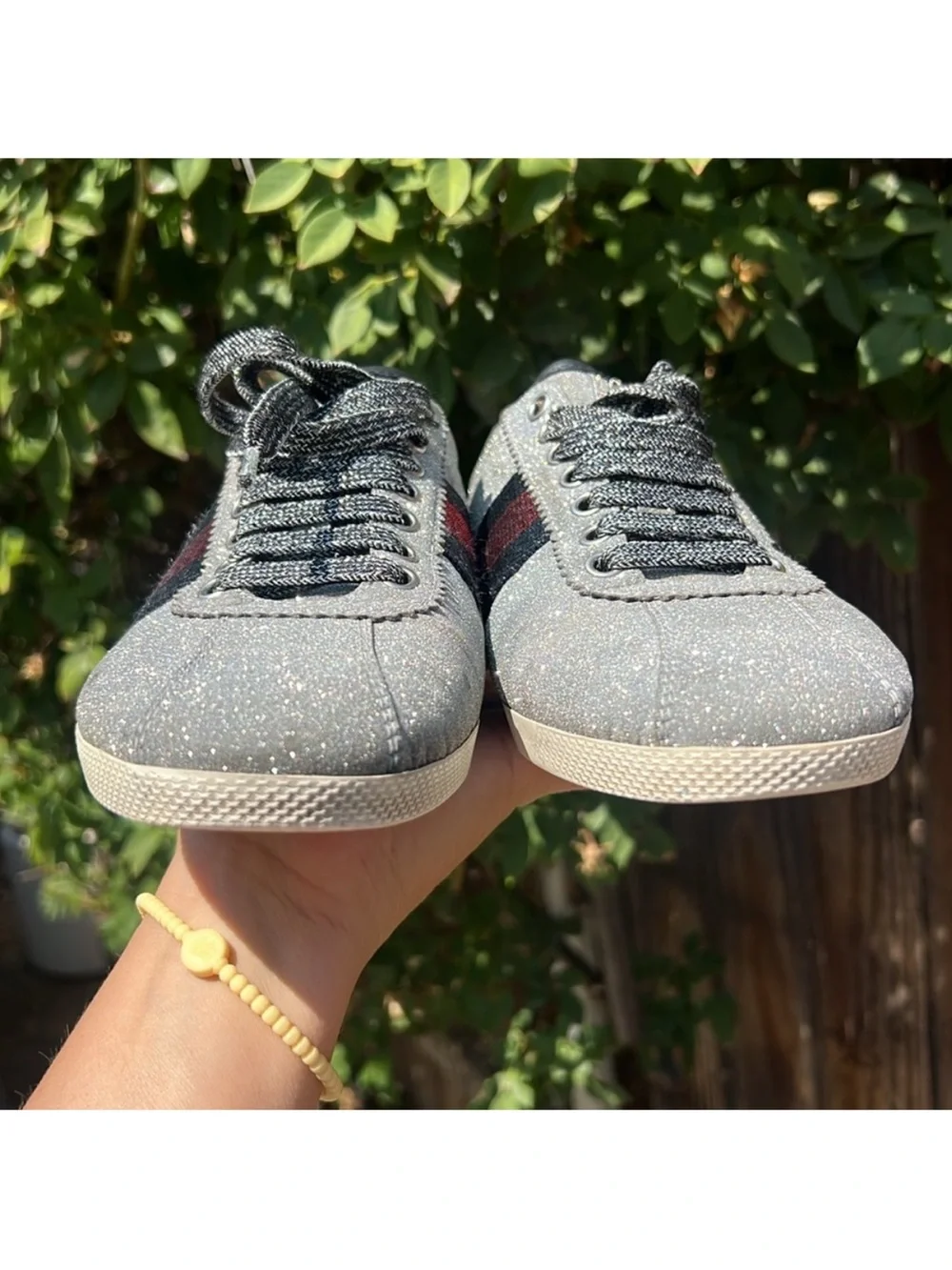 $895 Gucci Metallic Silver Glitter Bambi Web Detail Studded Low Top Sneakers 9